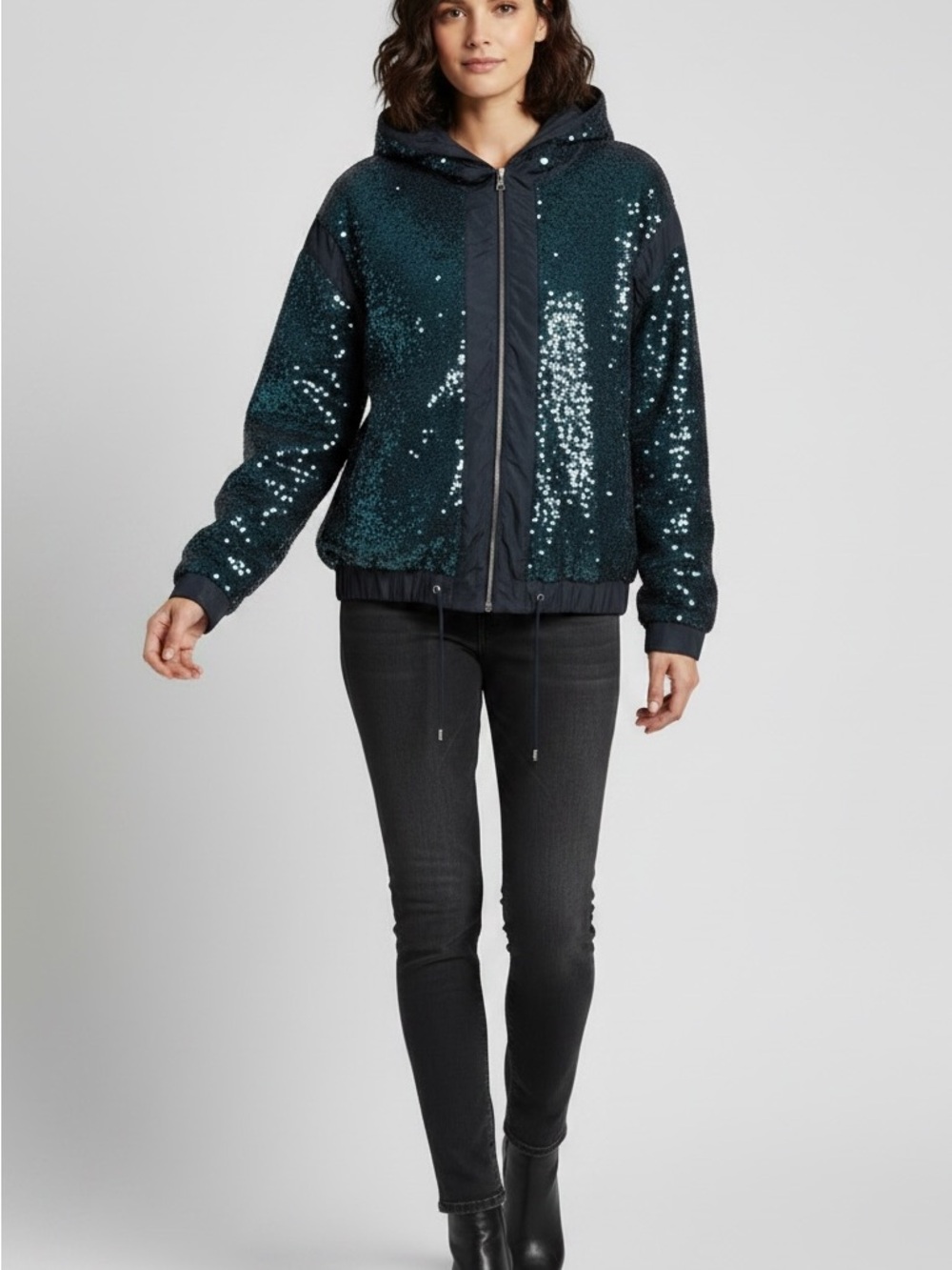 CHANEL Navy Sequin Hooded Zip Jacket with Silver Accents - Picture 9 of 9